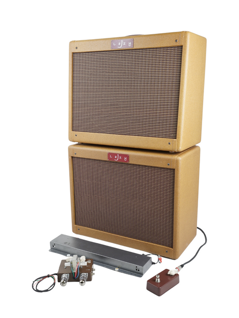 Side view of two Fender amplifiers, featuring the Lazy J J-20 with Extension Cabinet and Reverb Module, perfect for musicians.