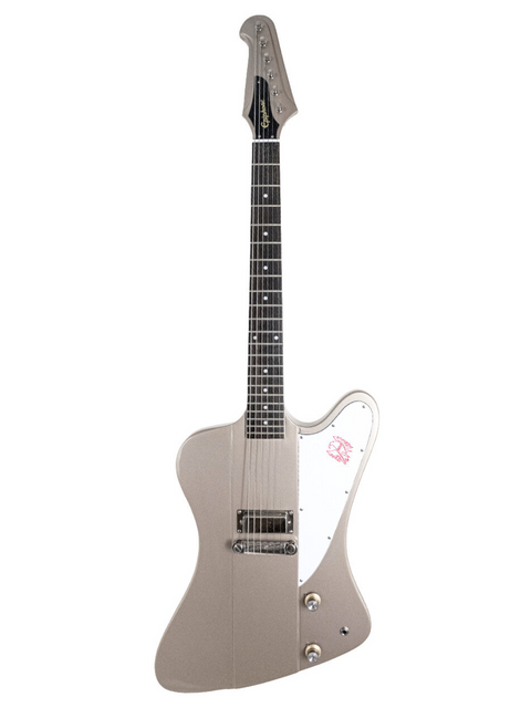 Silver electric guitar with a distinctive headstock and single cutaway body on a white background.