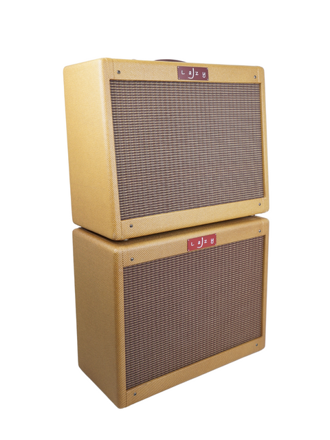 Stacked Fender amps, including a Lazy J J-20 with Extension Cabinet and Reverb Module, highlighting modern audio equipment.