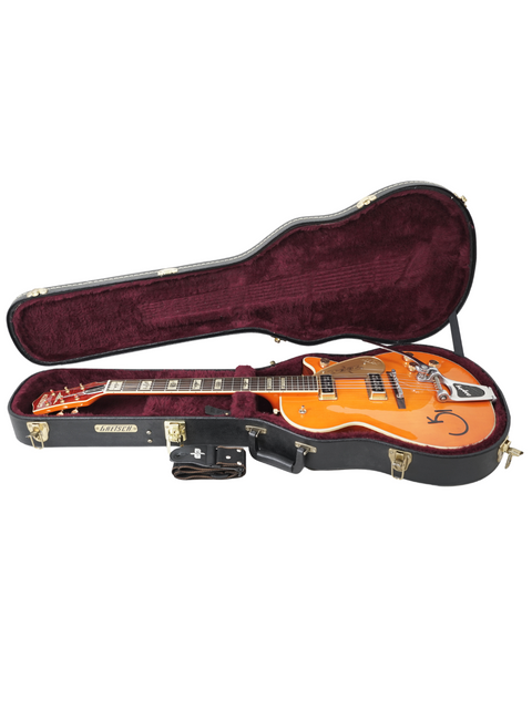 Stunning Gretsch Roundup 6121W Reissue guitar in a case, showcasing its vibrant orange finish for passionate musicians.