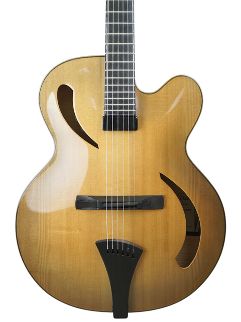 Stunning Hancock Phantom Custom Archtop guitar with a rich brown body and sleek black strings, perfect for musicians and collectors.