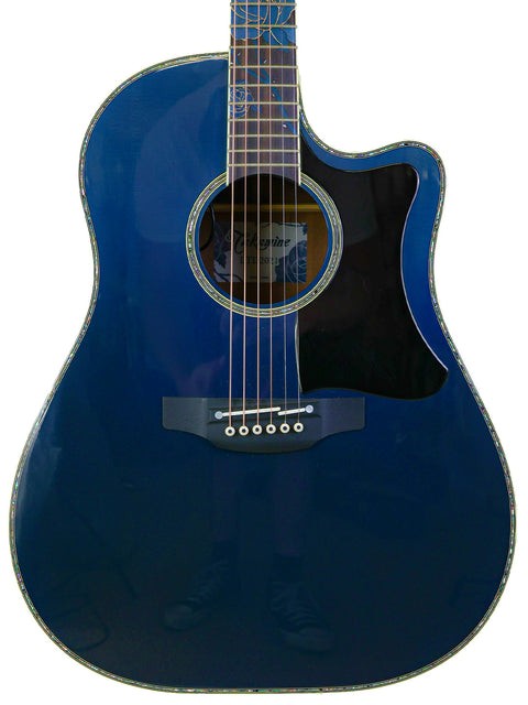 Stunning blue acoustic guitar featuring a black pickguard, from the Takamine LTD2021 Limited Edition "Blue Rose" collection.