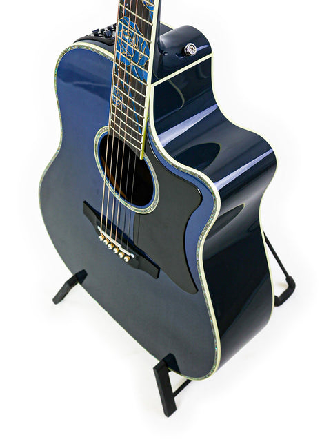 Stunning blue acoustic guitar on a stand, part of the Takamine LTD2021 Limited Edition "Blue Rose" series from Japan.