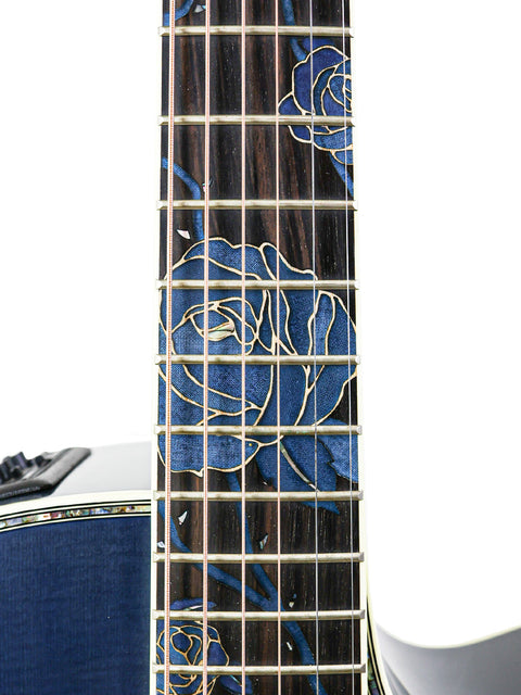 Stunning blue guitar with a rose design on the fretboard, from the Takamine LTD2021 Limited Edition Series.