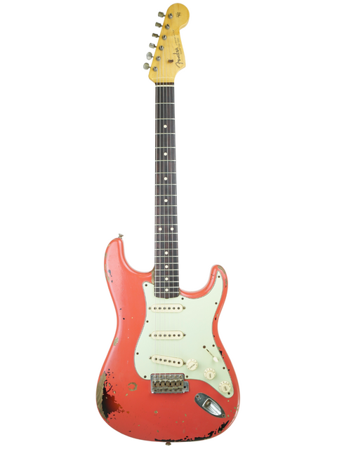 Stunning red Fender Custom Shop '63 Michael Landau Stratocaster Relic, USA-made in 2015, perfect for collectors and musicians.