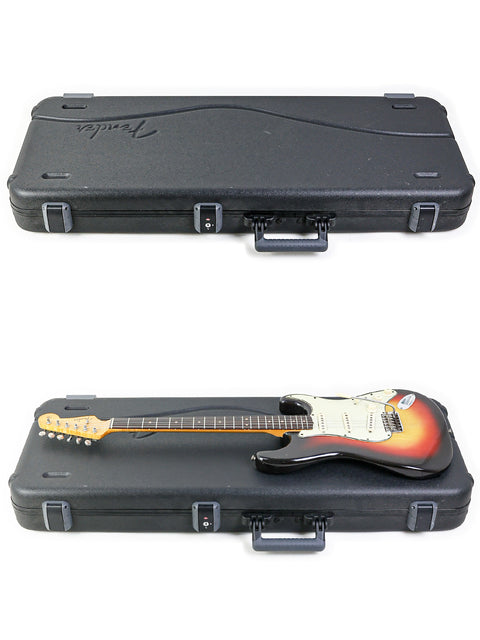 Sturdy hard case for a 1963 Fender L-Series Stratocaster, blending vintage style with essential guitar protection.