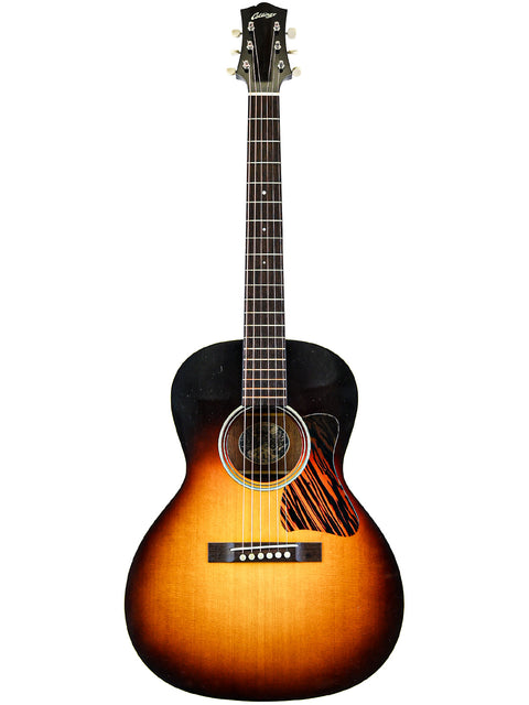 Sunburst acoustic guitar isolated on a white background.