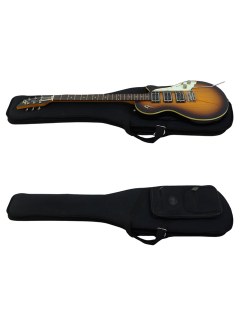 Sunburst electric guitar above its black soft case on a white background.