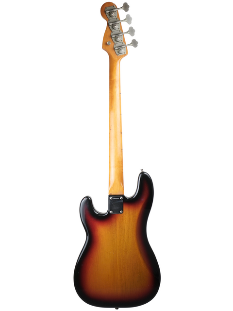 Sunburst electric guitar with a view of the back and neck on a white background.