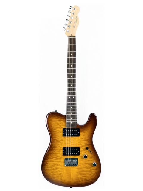 Sunburst electric guitar with two pickups and a maple neck on a white background.