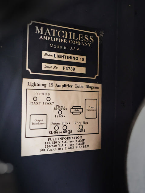 The Matchless Lightning 15 Combo amplifier, USA 1997, featuring a distinctive lighting system that enhances its vintage appeal.
