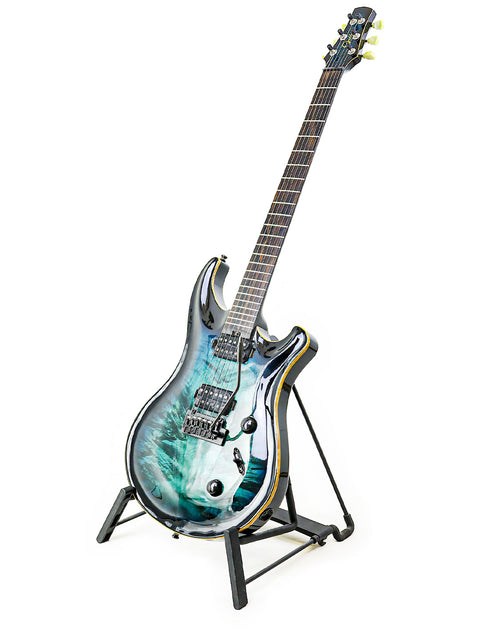 The Orthius Deluxe DC guitar features a striking blue and black design, representing Australian craftsmanship from 2018.