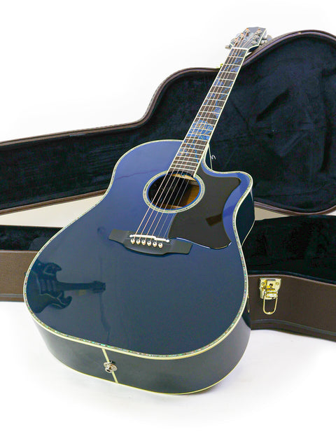 The Takamine LTD2021 "Blue Rose" acoustic guitar nestled in a case, displayed on a bright white background.
