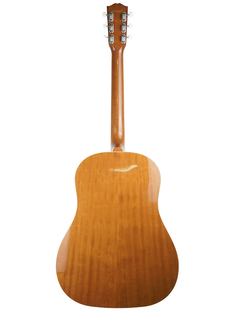 The back of a 2013 Gibson J-35 acoustic guitar displayed on a white background, highlighting its beautiful wood grain and finish.