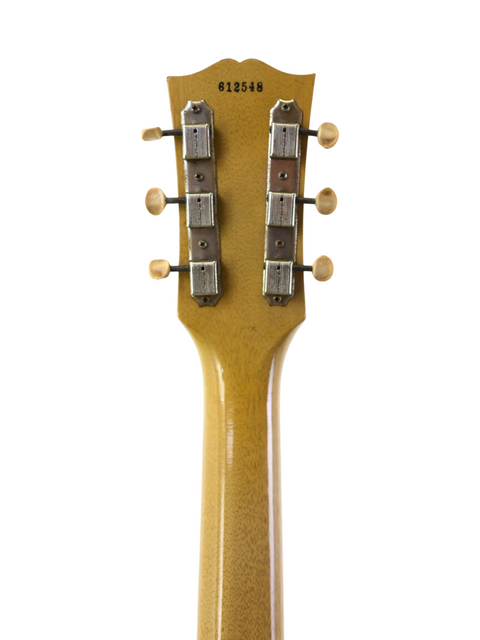 The neck of a 1956 Vintage Gibson Les Paul Jr in TV Yellow, highlighting its classic design and craftsmanship.