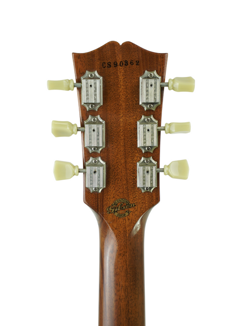 The neck of a 2009 Gibson Custom Shop ES-339 acoustic guitar, featuring four knobs and exquisite detailing.
