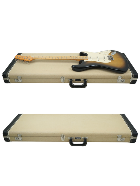 The protective case for a Fender Eric Johnson Signature Stratocaster, highlighting its classic and stylish exterior.