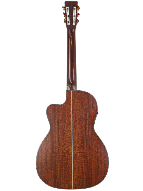The wooden back of a 2003 Martin 000C-16SGCTNE acoustic guitar, highlighting its craftsmanship and design.