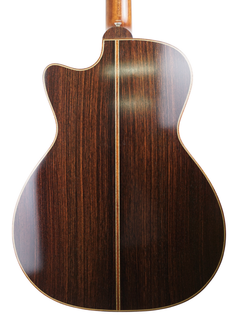 The wooden back of a Lakewood M-NC CP New Century II Grand Concert acoustic guitar, highlighting its craftsmanship from Germany 2004.