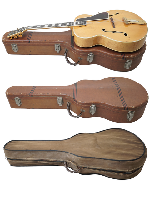 Three guitars on display, featuring a vintage 1939 Gibson L-5 with its case, highlighting musical history and elegance.