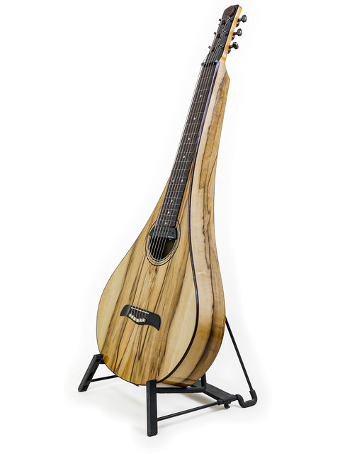 Tim Kill Custom Teardrop guitar resting on a stand, featuring a stunning wooden body, made in Australia, 2013.