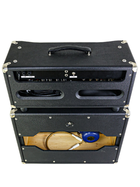 Top-down rear view of Bruno Custom Underground 30 amplifier and cabinet setup, emphasizing craftsmanship - USA 2013