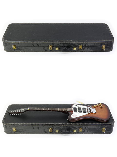 Two 1966 Gibson Non Reverse Firebird III guitars displayed in a case, highlighting their vintage appeal on a white background.