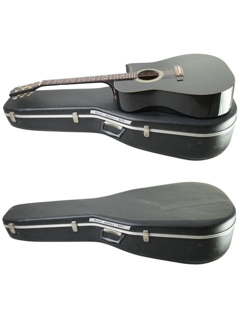 Two black acoustic guitars, both in cases, highlighting the Vintage Maton Tommy Emmanuel 'Ebony' Signature from 1989, AUS.