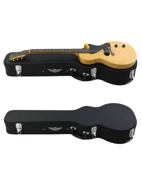 Two black cases housing a vintage 1956 Gibson Les Paul Jr guitar, distinguished by its vibrant TV Yellow body.
