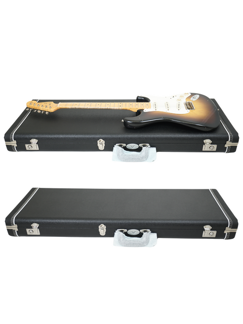 Two black cases with a Fender Kyle McMillin Masterbuilt '57 Stratocaster displayed in one, emphasizing its quality.
