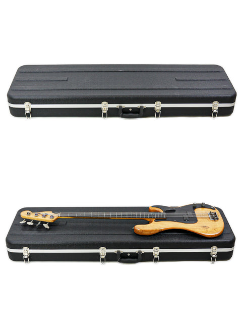Two classic 1963 Fender L-Series Precision Basses neatly placed in a case, set against a white backdrop.