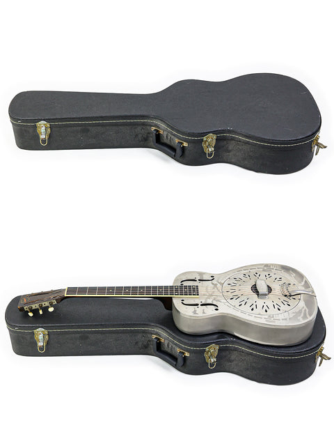 Two classic guitars in a case, highlighting a 1934 National Style 'O' 14-Fret, displayed on a white background.
