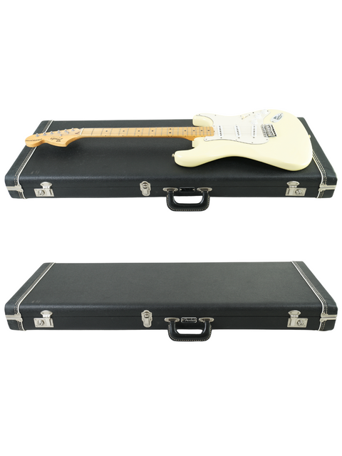Two guitar cases containing white Fender Stratocasters, highlighting the 2006 limited edition by Dennis Galuszka.