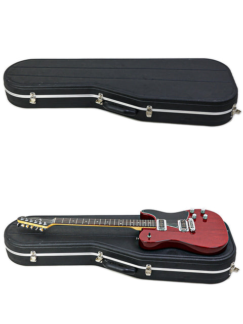 Two guitars, a Fender Tele-Sonic from 2001, nestled in a black case, showcasing their elegant design and craftsmanship.