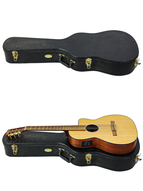 Two guitars, a Martin 000C-16SGCTNE from 2003, resting in their cases against a clean white background.
