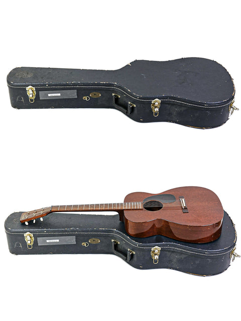 Two guitars, featuring a 1954 Martin 00-17, housed in a case with a white backdrop.