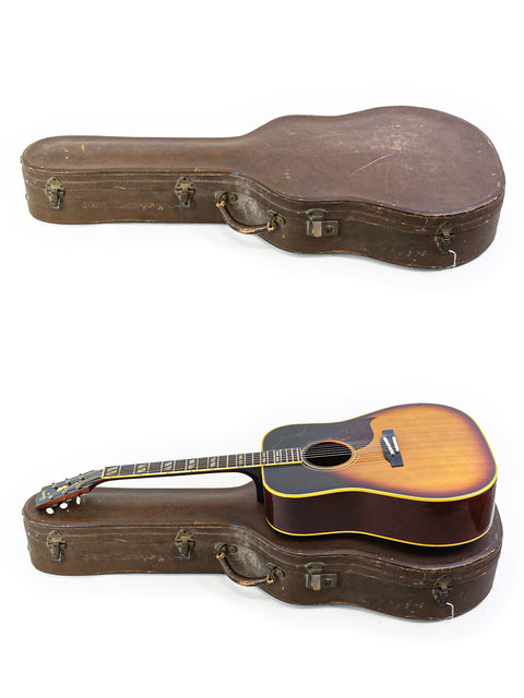 Two guitars, featuring a 1964 Gibson Southern Jumbo, nestled in a case on a white backdrop.