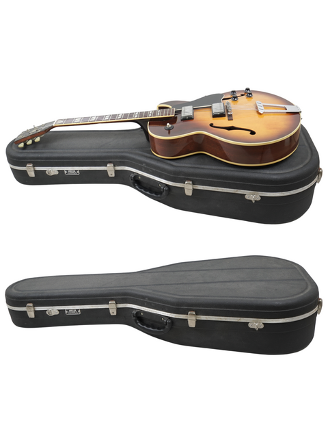 Two guitars, featuring a 1986 Gibson ES-175, displayed in a case on a pristine white backdrop.