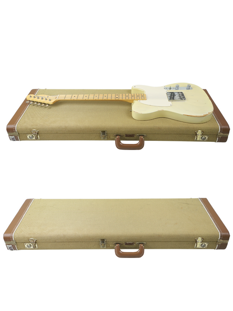 Two guitars in a case featuring a white body and brown handle, including a Fender Custom Shop '59 Esquire Journeyman Relic.
