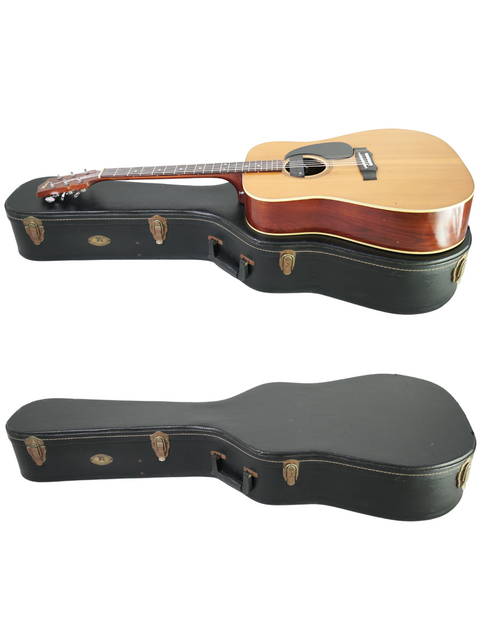 Two guitars in cases, including a 1972 vintage Maton FG100 from Australia, emphasizing their distinct looks and history.