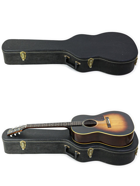 Two guitars in distinct poses, including a vintage 1954 Gibson LG-1 crafted in the USA.