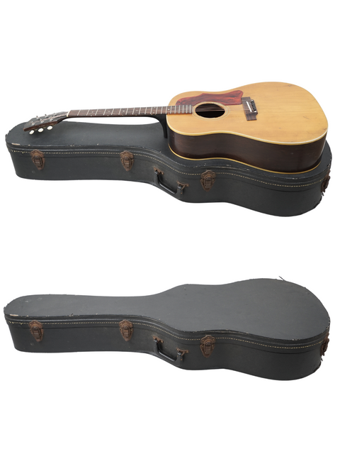 Two guitars, including a vintage 1968 Gibson J-50, positioned differently to showcase their distinct styles.