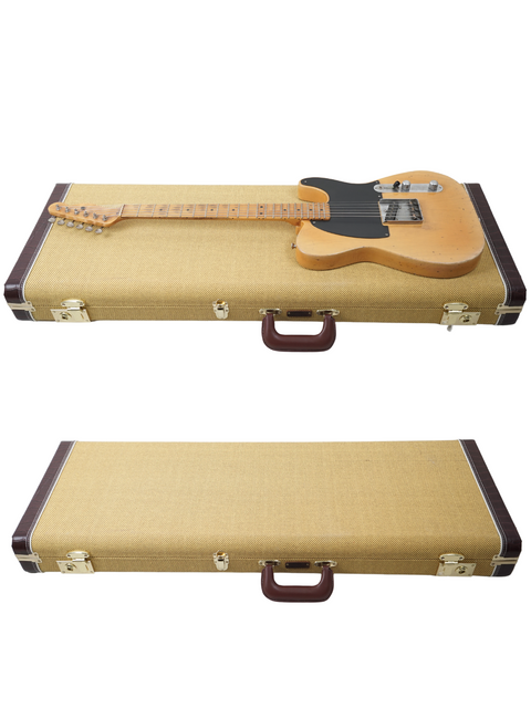 Two guitars resting in a case against a white backdrop, highlighting the Nacho Guitars 50s Stratocaster from Spain, 2024.