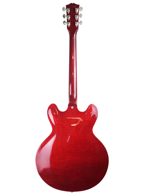 Vibrant red Gibson ES-335 Dot guitar against a white backdrop, highlighting its iconic shape and craftsmanship.