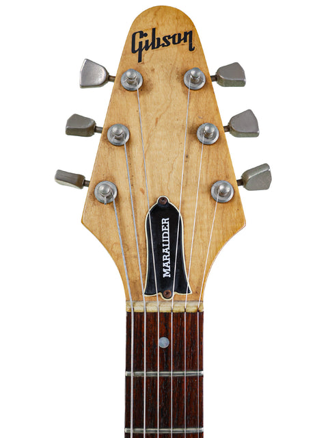 Vintage 1975 Gibson Marauder electric guitar headstock, prominently displaying the classic logo.
