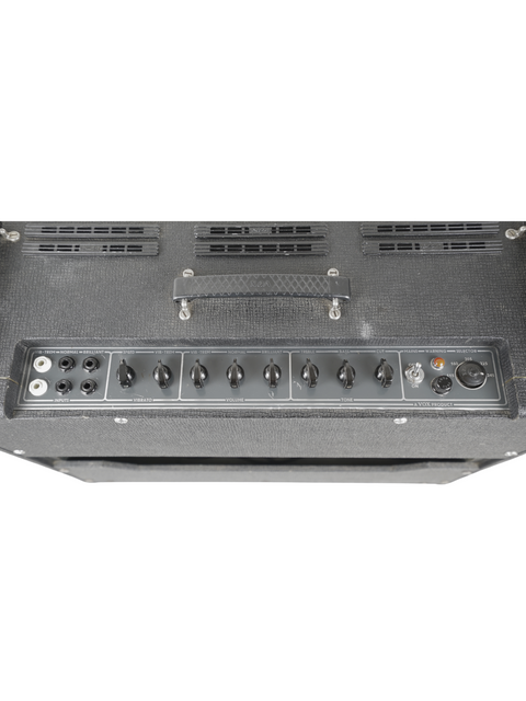Vintage 1975 Vox AC-30 Top Boost amplifier's back, featuring a sleek black cover, previously owned by Hank Marvin.