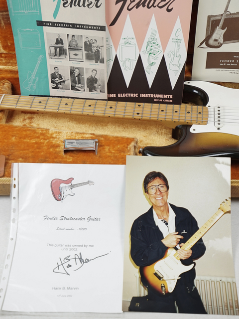 Vintage Fender Stratocaster from 1957, signed by Hank Marvin, representing a piece of music history and artistry.