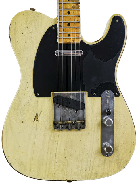 Vintage Fender Telecaster guitar with a yellow body, showcasing the 70th Anniversary Nocaster by Kyle McMillin, USA 2020.