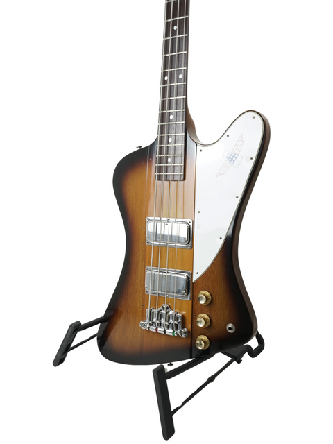 Vintage Gibson Bicentennial Thunderbird IV Bass from 1976 on a stand, beautifully contrasted against a white background.
