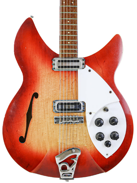 Vintage Rickenbacker 1993 Rose Morris 12-string guitar with a striking red body and white neck, showcasing classic design.